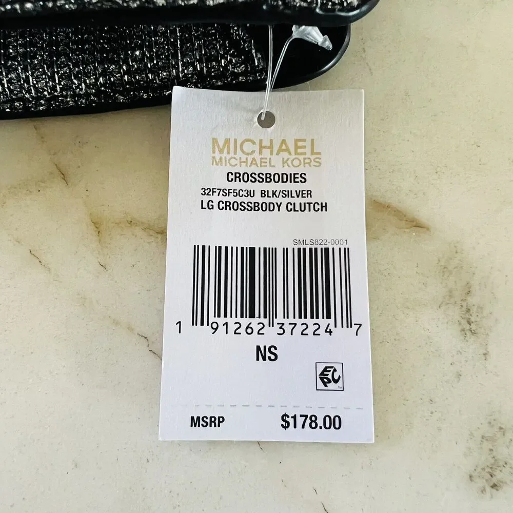 MICHAEL KORS Black Metallic Silver Fabric Crossbody Clutch Bag